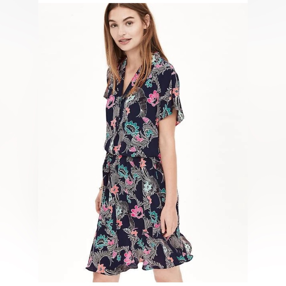 Banana Republic Short Sleeve Shirt Dress Tropical Floral Bird Print Navy 12 EUC - Picture 2 of 16